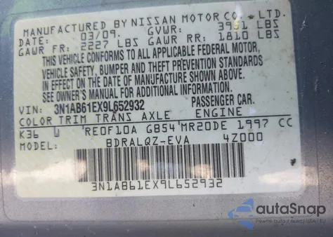 2009 Nissan Sentra 2.0 z USA, uszkodzony, nr VIN 3N1AB61EX9L652932